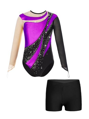 Kids Girls Mesh Long Sleeve Gymnastics Leotards with Athletic Shorts Sets Biketard Dance Outfits