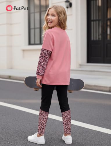 Image of PATPAT Little Girls Clothes Crew Neck Leopard Color Block Sweatshirt and Leggings Girls Outfits Size 4-12Y