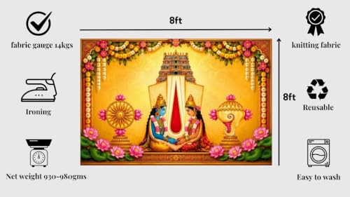 Image of venkateshwara Swamy backdropss Cloth | Venkateswara & Goddess Lakshmi Wedding Backdrop with Shankha, Chakra, and Pink Lotuses 8x8 Feet | varalakshmi Pooja Backdrop Cloth