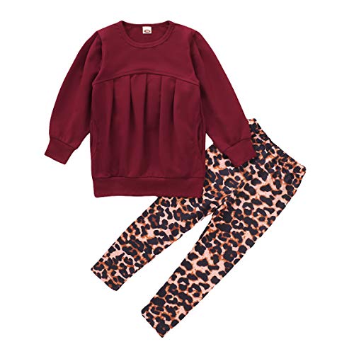 Image of CM C&M WODRO Toddler Girls Clothes Winter Warm Long Sleeve Tops+Long Pants Set (Leopard-Wine Red, 5-6X)