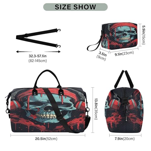 Red Music Skull Travel Duffel Bags Gym Bag Weekender Handbag with Toiletry Bag for Women Girls Men3