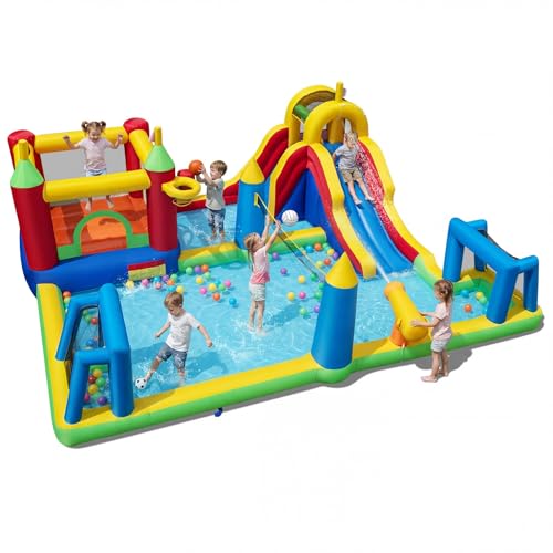 GIANTEX Chateau Gonflable Géant 9 en 1, Parc de Toboggan Gonflable Aquatique avec Aire de Saut, Piscine Splash, Mur d’Escalade, Basket, Football,...