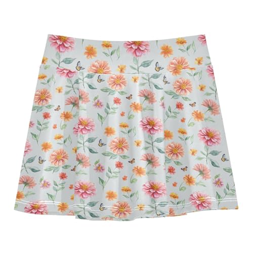Florals Grey Girls Tennis Skirt with Shorts Flowy Golf Skirts for Little Girls Kids Pleated Tennis Skirt with Pockets 4-12Y