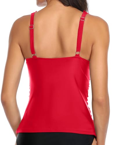 Image of Ruffle V Neck Tankini Top Only Women Tummy Control Swimsuit Tank Top | Removable cups for custom bust lift, Blend soft spandex to stretch easily