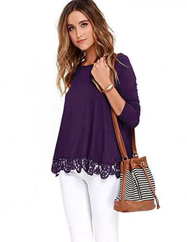 RAGEMALL Women's Tops Long Sleeve Lace Trim O-Neck A-Line Tunic Blouse Tops for Women Purple XL