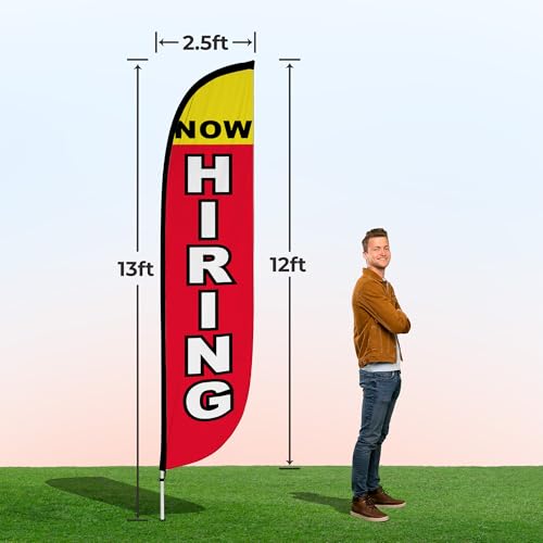 Image of LookOurWay Feather Flag Set, 12 ft Advertising Flag with Poles and Ground Spike for Business Promotion, Now Hiring (10M1200298GSet)