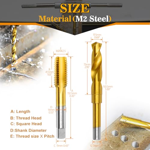 Image of M20x2.5 Tap and 17.5mm Drill Bit Kit, M2 HSS Metric Drill and Tap Set, Combination of Drill and Tap Kit for Metal