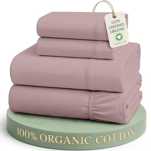 Image of LANE LINEN Queen Sheet Set 100% Organic Cotton Soft 4pc Percale - Lilac | Queen Sheet Set, Organic Cotton Percale - Crisp, Cool & Breathable, For Hot Sleepers, All-Season Comfort, For Master Bedrooms