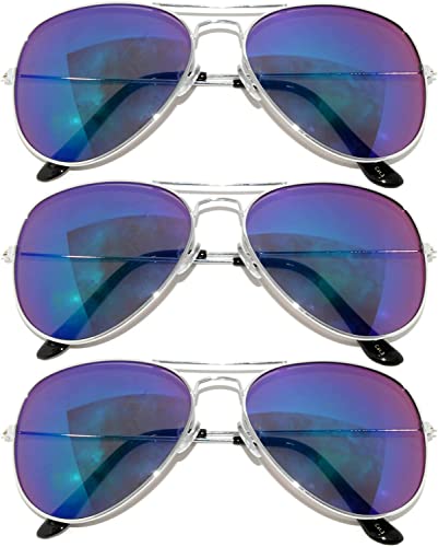 3 Pairs Aviator Style Sunglasses Silver Color Metal Frame Mirror Blue-Green Color Lens