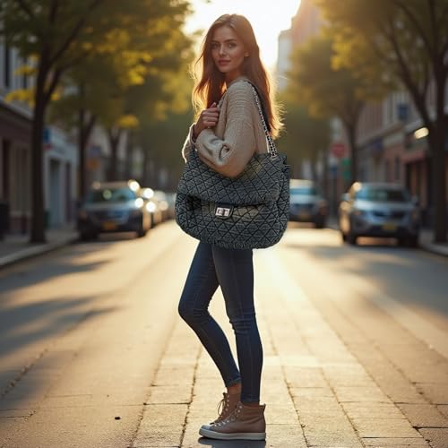 Quilted Denim Purse, Shoulder Bag for Women, Crossbody Flap Tote Bag,Silver Chain Hobo Bag, Vintage Washed Jean Purse2