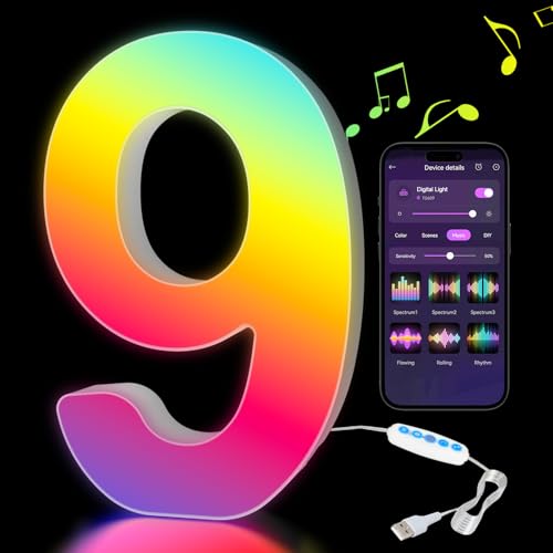 Kangtaixin Números Luminosos con USB, Números de Luces LED Iluminadas Control APP, Luces Números de neón, Luces de Noche para Pared, Fiesta de Cumpleaños, Navidad, Decoración de Boda, Números - 9