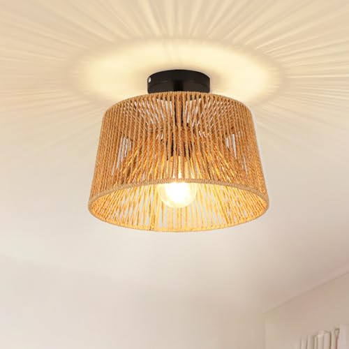 Boho ceiling light fixture,10.8" Rattan flush mount ceiling lights,coastal wicker