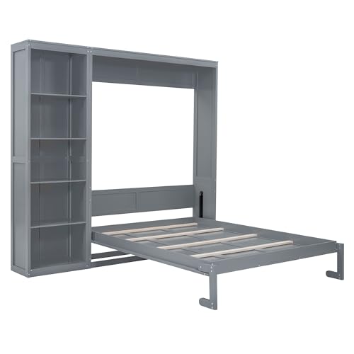 Image of Merax Space-Saving Gray Murphy Bed Queen Size with Adjustable Storage Shelves, Multifunctional Foldable Wall Bed for Small Spaces Studio Study Office Guest Room