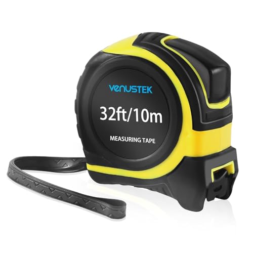 VENUSTEK Maßband Massband 10 m (32 Fuß) Profi Bandmaß mit Gürtelclip Feststeller gelb lackiert mit Zoll- und mm Skala für Haushalt Heimrenovierungen und Baustelle