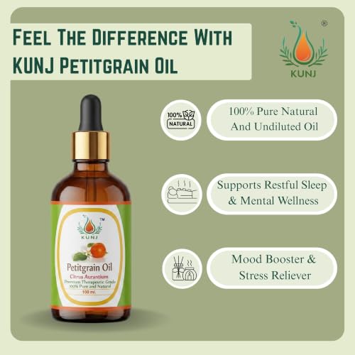 Image of KUNJ Petitgrain Essential Oil 100ml - Pure Steam Distilled Citrus aurantium Oil for Aromatherapy, Diffuser, Relaxation, Emotional Balance, Calm Mood, Stress Relief & Skin Care | 100% Natural