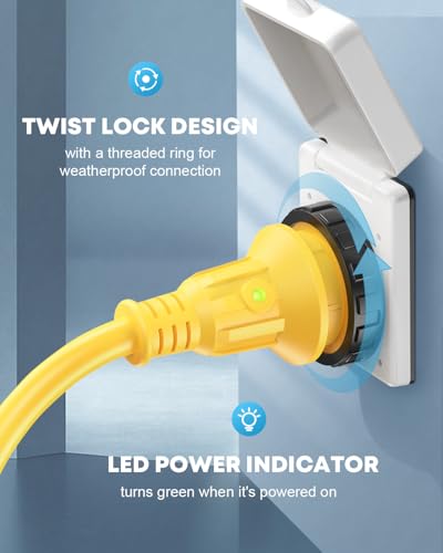 Image of Kohree RV Adapter Plug 30 Amp to 15 Amp 110V, RV Power Electrical Adapter Cord 15A Male to 30A Female 12 inch with Twist Lock & LED Indicator