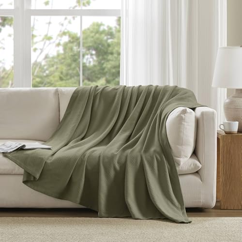 Image of Madison Park Liquid Cotton Blanket Breathable, Softer Ring Spun Weave, Diamond Motif, Luxurious 100% Cotton All Seasons Lightweight Summer Blanket for Bed, Couch, Office, Olive Green, Twin