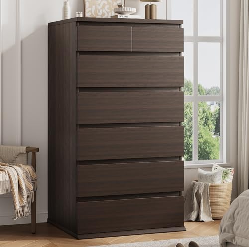 Brown Tall 7 Drawer Dresser for Bedroom Modern Wood Closet Dressers & Chests of Drawers with Jewelry Storage 23.6 L*15.8 W*47.5 H in Large Vertical Dresser for Bedroom Living Room Nursery