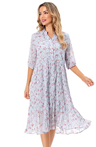 Image of Shineflow Women's Short Sleeve V-Neck 3 /4 Sleeve Button Up Chiffon Floral Pleated Midi Swing Dress with Belt