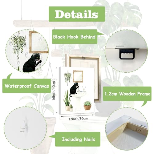 Image of CHDITB Black Cat Bathroom Canvas Wall Art Set of 3, Funny Cat Watercolor Painting, Botanical Cats Wall Decor, Boho Plants Poster, Cute Kitten Art Prints For Restroom Laundry Room Decor(12X16 Inch)