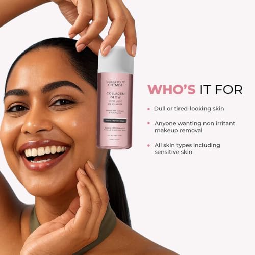 Image of Conscious Chemist Collagen Glow Ultra Light Oil Cleanser | 50ml Makeup Remover & Nourishing Oil Cleanser with Hydrolyzed Collagen & Peptides | Improves Elasticity, Smooths Texture & Supports Skin Barrier | For Men & Women, All Skin Types | Pack of 2