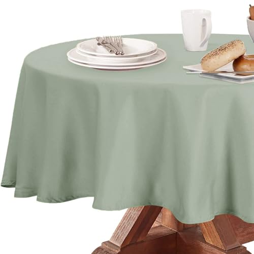 Image of Obstal Sage Green Round Table Cloth, 70 Inch Diameter | Heavy Duty Water Resistance Polyester Tablecloth, Decorative Fabric Table Cover for Outdoor and Indoor Use