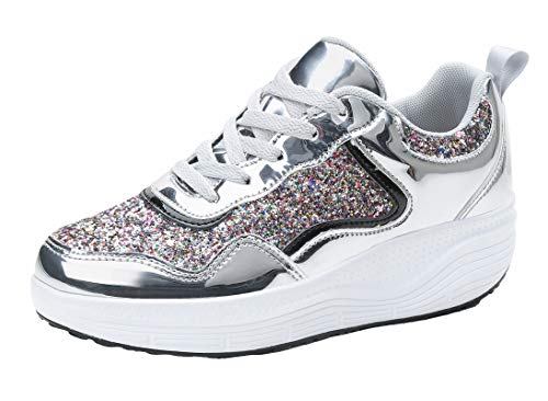 WUIWUIYU Femmes Baskets Compensées Chaussures de Marche à Lacets Sneakers -Argent 40