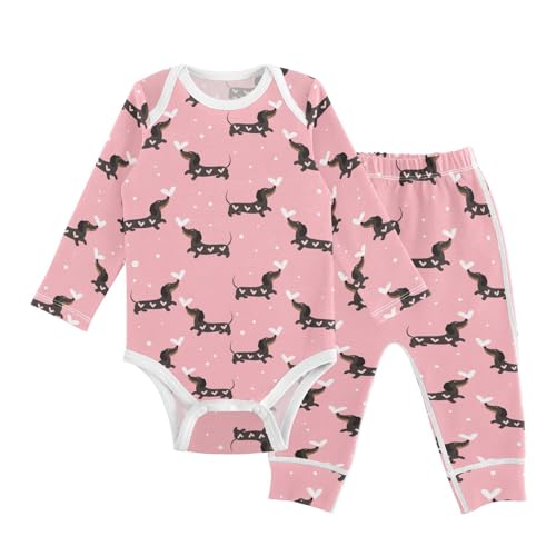 vvfelixl Baby Bodysuits Pants Sets Dachshund Dogs And Hearts Long Sleeve Baby bodysuit Clothes For Boys Girls 3-6M Pink