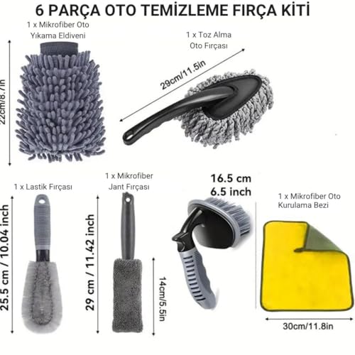 Coofbe 6 Parça Profesyonel Mikrofiber Araç Oto Yıkama Seti Yıkama Eldiveni Jant Lastik Fırçası Toz Fırçası