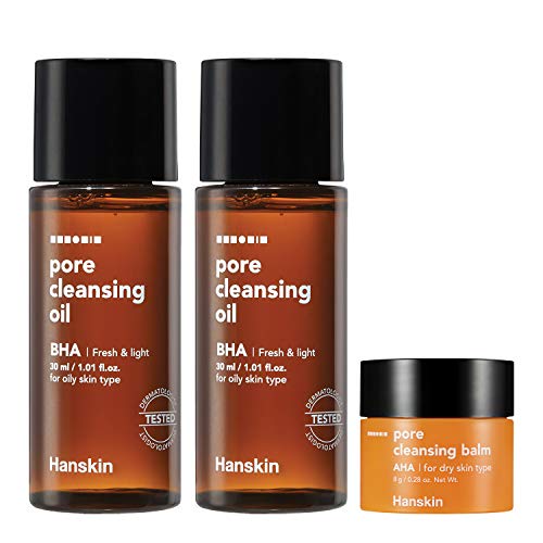 Hanskin BHA Pore Cleansing Oil and AHA Cleansing Balm, Sample Trial Size, Travel Size Mini Makeup Remover Set, Gentle Blackhead Cleanser for Combination and Oily Skin [30 ml/Pack of 2] + [8g/AHA Balm]