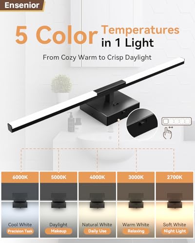 Image of Ensenior Modern Bathroom Vanity Light 24 inch, Built-in Dimmer, 14W Dimmable 5CCT Led Bath Lights, Black Bar Vanity Light for Bathroom Mirror Cabinets Bedroom-FCC & ETL Certificated