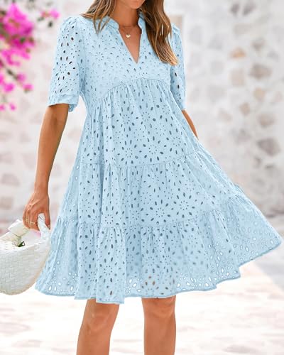 Image of BTFBM Womens Boho Summer Dresses 2026 Spring V Neck Short Sleeve Hollow Out Lace Ruffle Casual Beach Mini Vacation Dress