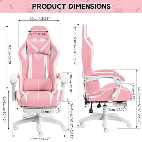 HOFFREE Gaming Chair with LED RGB Lights with Massage and Footrest Ergonomic Computer Chair High Back Video Game Chair with Adjustable Lumbar Support Linkage Armrest Pink and White