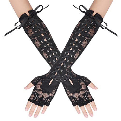 Yolev Fingerlose Damen Spitzen Handschuhe - Schwarze Ellbogen Krawatten Lange Retro Punk Handschuhe für Fasching Halloween Ball Party Verkleidung
