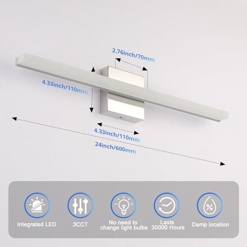 Image of Combuh Modern Bathroom Vanity Light Fixtures, Chrome Wall lamp Above Mirror | 24 Inch Long, Soft Shadow Free, Linear Design, Restroom Lighting Bar, IP44 Rustproof, Iluminacion para Tocador, 3CCT Dimmable