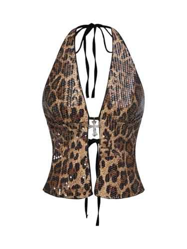 Milumia Women's Leopard Print Sequin Halter Tops Sleeveless Tie Bow Open Back Party Rave Crop Top