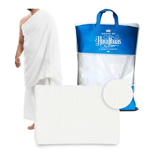 Men's Ihram Towel Set for Hajj and Umrah - 2PCS Hypoallergenic Premium Microfiber Ahram Towels (110x220cm) - Soft, Absorbent, Breathable, Unstitched - No Belt or Accessories - White