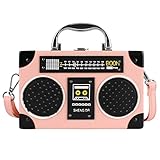 Vintage Radio Recorder Clutch Handbag Leather Top Metal Handle Crossbody Small Box Bag Shoulder Bag, Pink