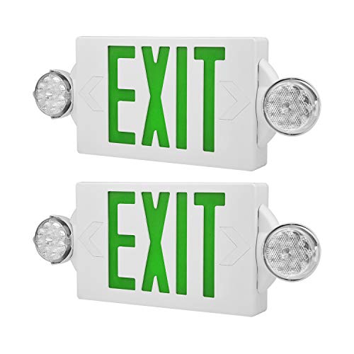 AKT LIGHTING LED Emergency Light & Exit Sign Combo, UL Certified Red Exit Sign, Emergency Exit Light, Adjustable Lamps with Back-up Battery for Corridors, Stairways (Green-2Pack)