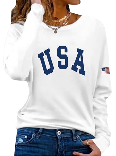 LovelyWholesale Long Sleeve Graphic Tee for Women Casual Crew Neck T Shirt USA White Small