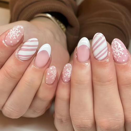 French Tip Press on Nails Short Oval Fake Nails with Lines Snowflake Dots Designs Winter Nails Press ons White Nude Glossy Acrylic Cute Christmas Stick on Nail for Women 24Pcs