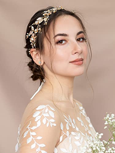 Sweetv Handmade Wedding Headpieces For Bride Hair Accessories Flower-Leaf Bridal Headband Rose Gold Wedding Hair Piece #TOP5