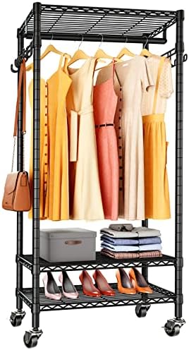 VIPEK X1 Medium Rolling Clothes Rack Portable Garment Rack for Hanging Clothes, 3 Wire Shelves Freestanding Heavy Duty Clothing Racks Storage Drying Rack with Wheels, Hanging Rod, Side Hooks, Black