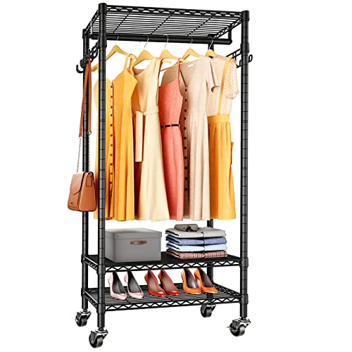 Vipek X1 Medium Rolling Clothes Rack Portable Garment Rack For Hanging Clothes, 3 Wire Shelves Freestanding Heavy Duty Clothing Racks Storage Drying Rack With Wheels, Hanging Rod, Side Hooks, Black #TOP21