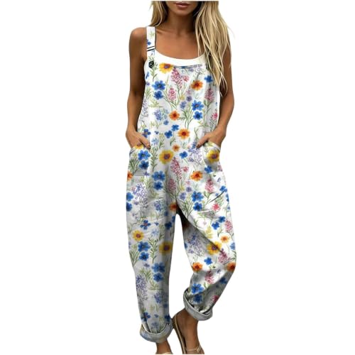 Image of Dungarees for Women UK Cotton Linen Overalls Boho Jumpsuits with Pockets Loose Casual Playsuit Wide Leg Sleeveless Vintage Outfit Ladies Airport Travel Lightweight Clothes (A18,XXL)