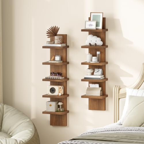 Image of HOOBRO 5 Tier Wall Shelf Unit for Storage, 2 Pack Floating Shelves for Wall | Wall Mounted Shelves, Vertical Display Shelf, Organizer Tall Tower Design for Livingroom Bedroom Kitchen, Walnut WL18BJP201