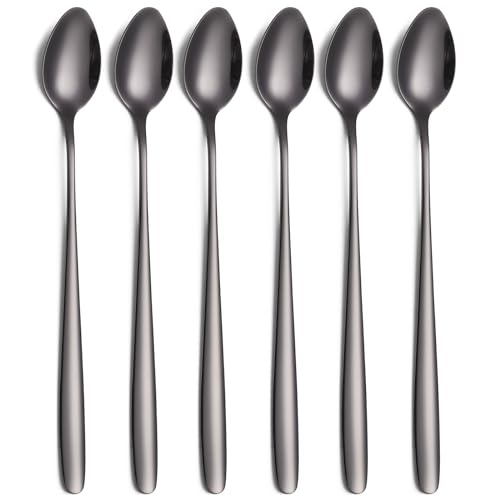 Tiokin Latte Macchiato Löffel Set, 6-teilig Schwarz, 19.8 cm langem Griff Mixing Ice Cream Rührlöffel aus Edelstahl Ideal für Eiskaffee Eistee...