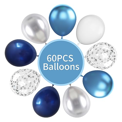 Image of Navy Blue & Silver Balloons - 60pc Metallic & Latex Mix, 12 inch White Balloons with Silver Confetti for Birthday, Baby Shower, Graduation & Wedding Parties