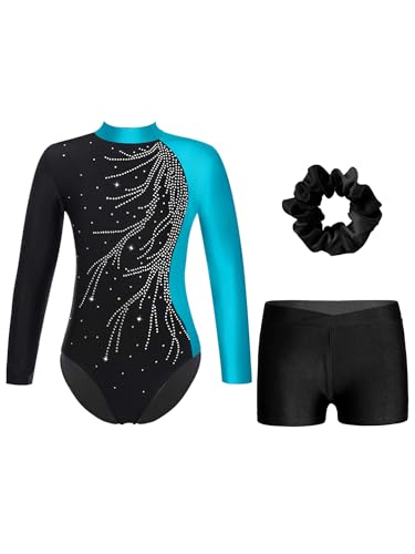 Alvivi Mädchen Turnanzug Glitzer Gymnastikanzug mit Kurze Hose Haarband Langarm Gymnastikbody Turntrikot Gymnastik Kleidung Tanzkostüm See Blau&Schwarz 170-176 Alvivi Mädchen Turnanzug Glitzer Gymnastikanzug mit Kurze Hose Haarband Langarm Gymnastikbody Turntrikot Gymnastik Kleidung Tanzkostüm See Blau&Schwarz 170-176