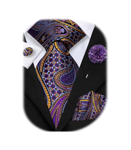 Image of Hi-Tie Men Silk Ties Set with Flower Lapel Pin Necktie Pocket Square Cufflinks for Tuxedo Wedding Business